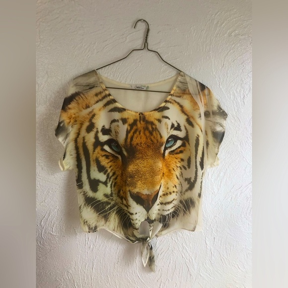 Sans Souci Tops - Sans Souci Shear Tiger Print Top Blouse Short Sleeve Shirt See Through Size M
